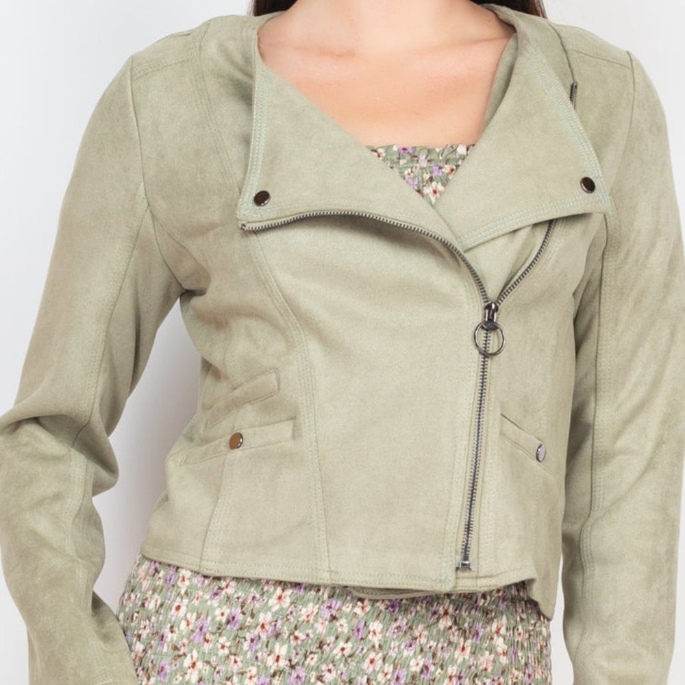 Cropped Zip-up Moto Suede Jacket | Dusty Sage